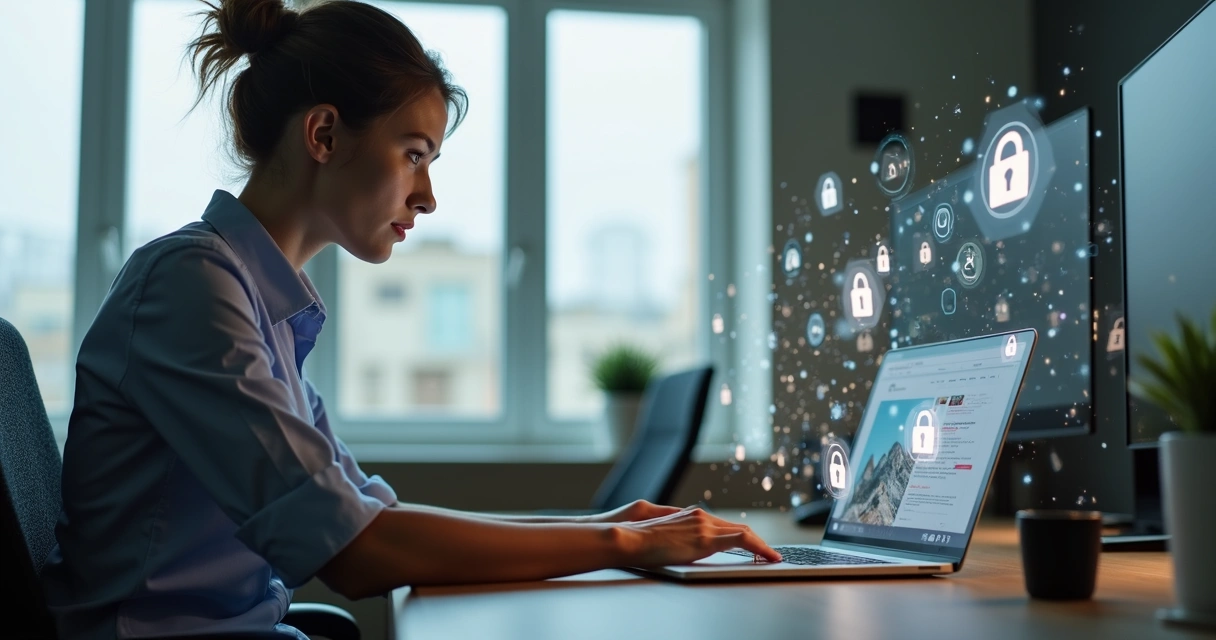 Pessoa usando computador com ícones de cadeado e proteção digital 
