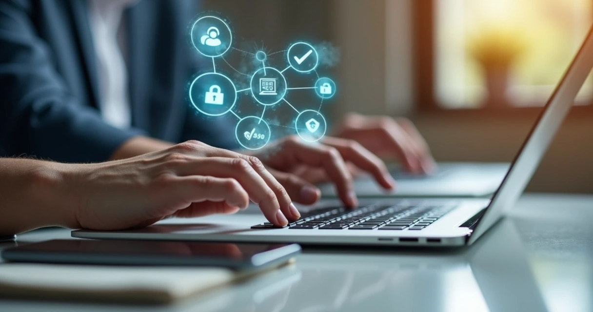 Mãos usando notebook com ícones de proteção e privacidade digital