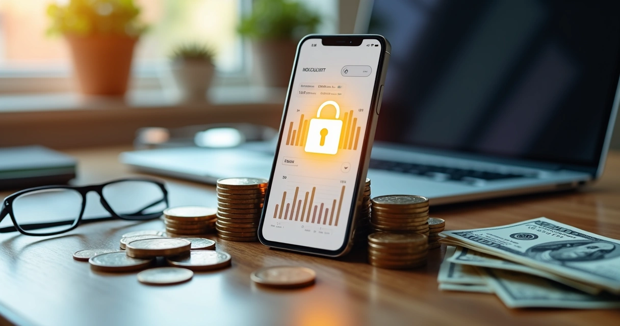 Carteira digital exibindo gráficos de rendimento com moedas e cadeado simbolizando segurança financeira 