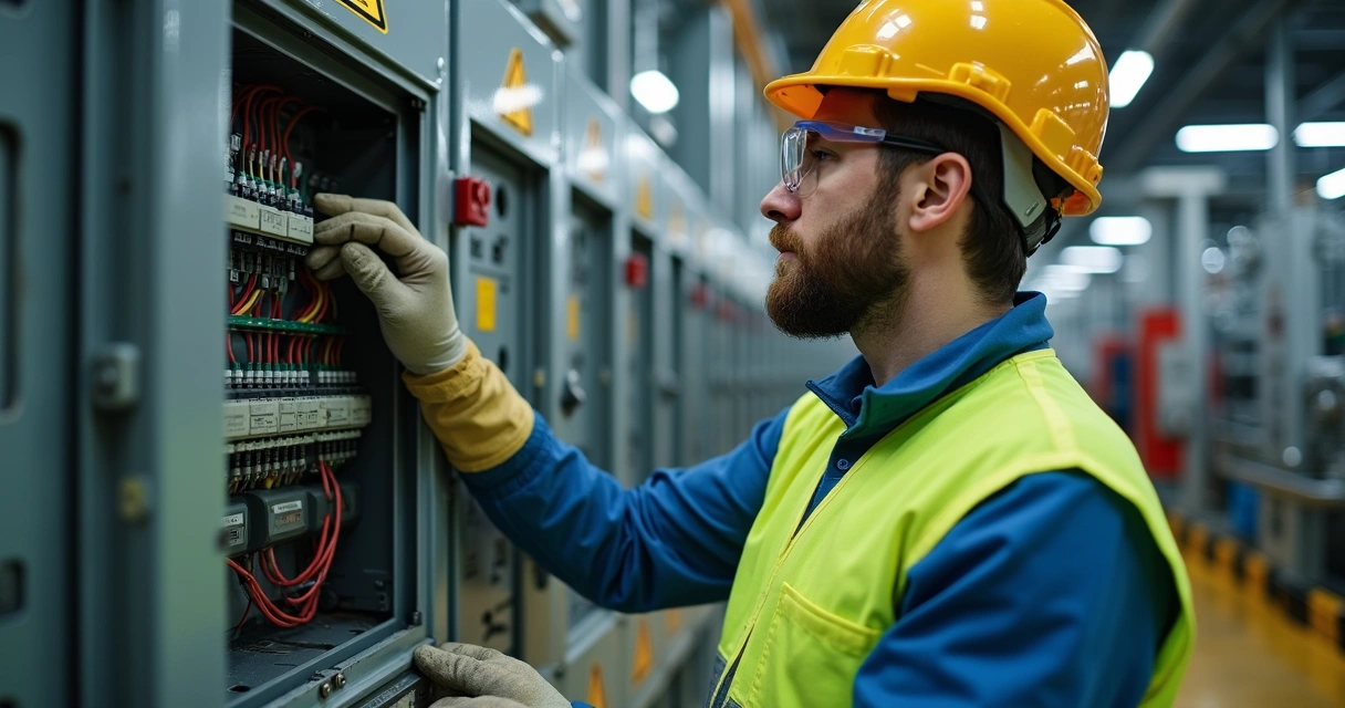 Homem usando EPI inspeciona painel elétrico industrial