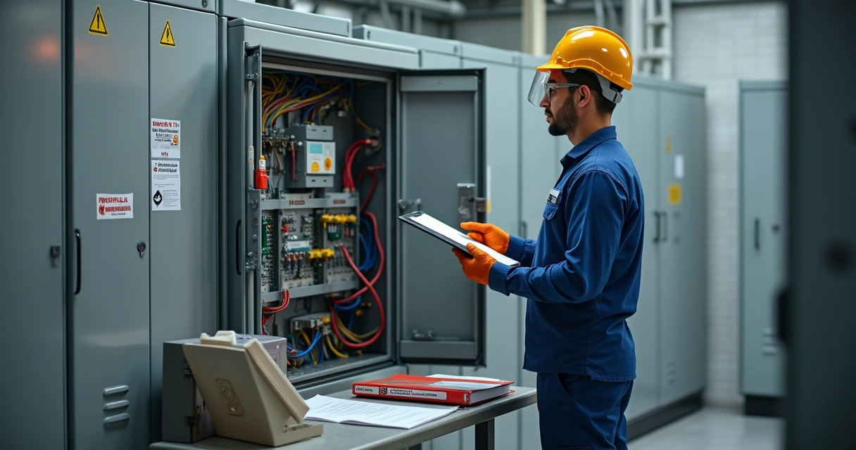 Técnico de segurança conferindo painel elétrico com EPI completo e checklist em mãos 