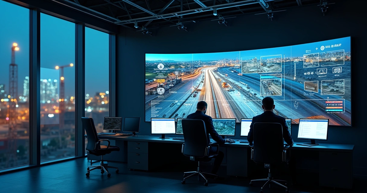 Centro de segurança eletrônica com telas exibindo obra industrial monitorada por IA na nuvem 