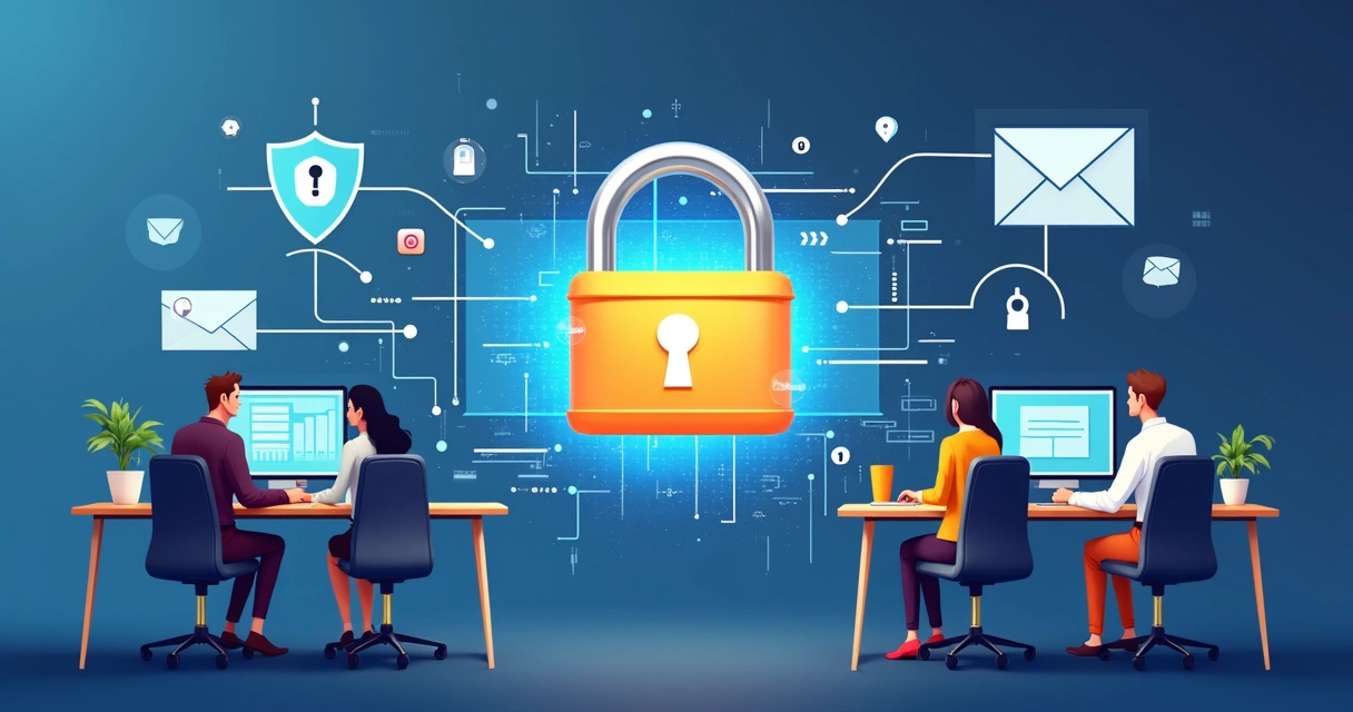 Proteção digital em ambiente empresarial com cadeados e tela de e-mail