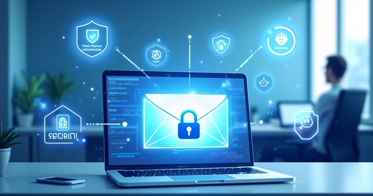 Computador mostrando e-mail com cadeado digital e ícones de segurança ao redor 