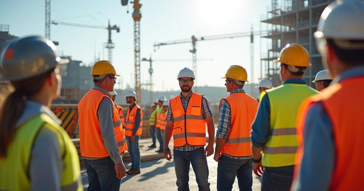 Funcionários usando EPI no canteiro de obras