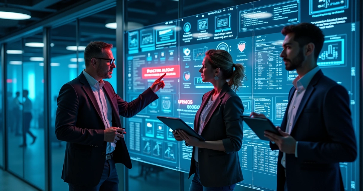 Equipe de tecnologia analisando gráficos de segurança em sala moderna 