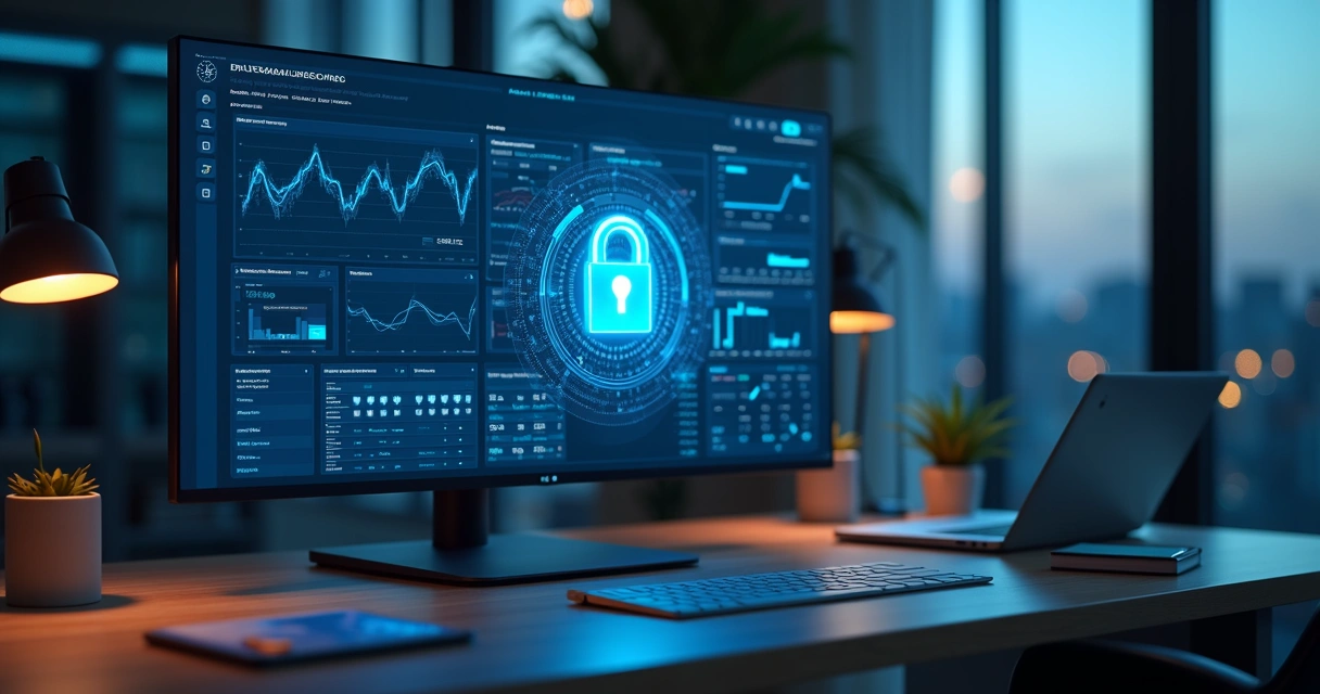 Painel de ERP em tela com cadeado digital simbolizando segurança de dados empresariais 