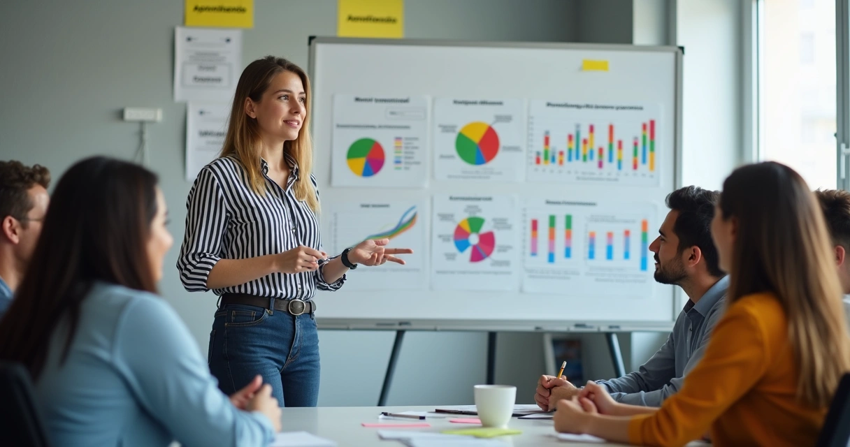 Colaboradora apresentando resultado apontando para quadro com gráficos, colegas atentos observando