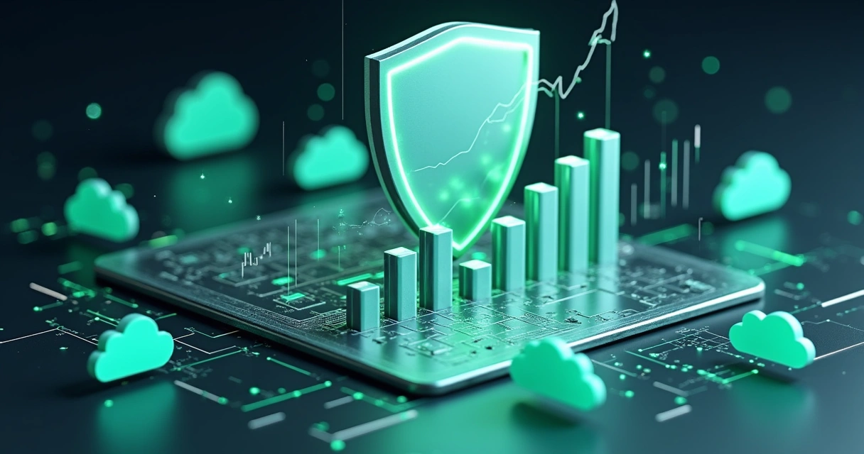 Escudo digital representando segurança e gráficos de escalabilidade na nuvem 