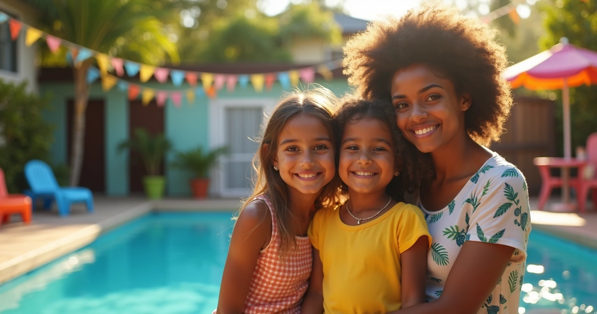 Família brasileira sorrindo em evento seguro em Orlando 