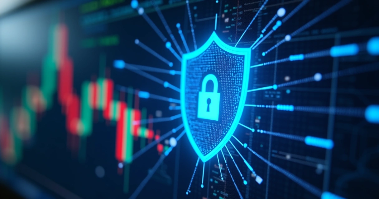 Escudo digital brilhante protegendo tela de computador com gráficos de moedas digitais.