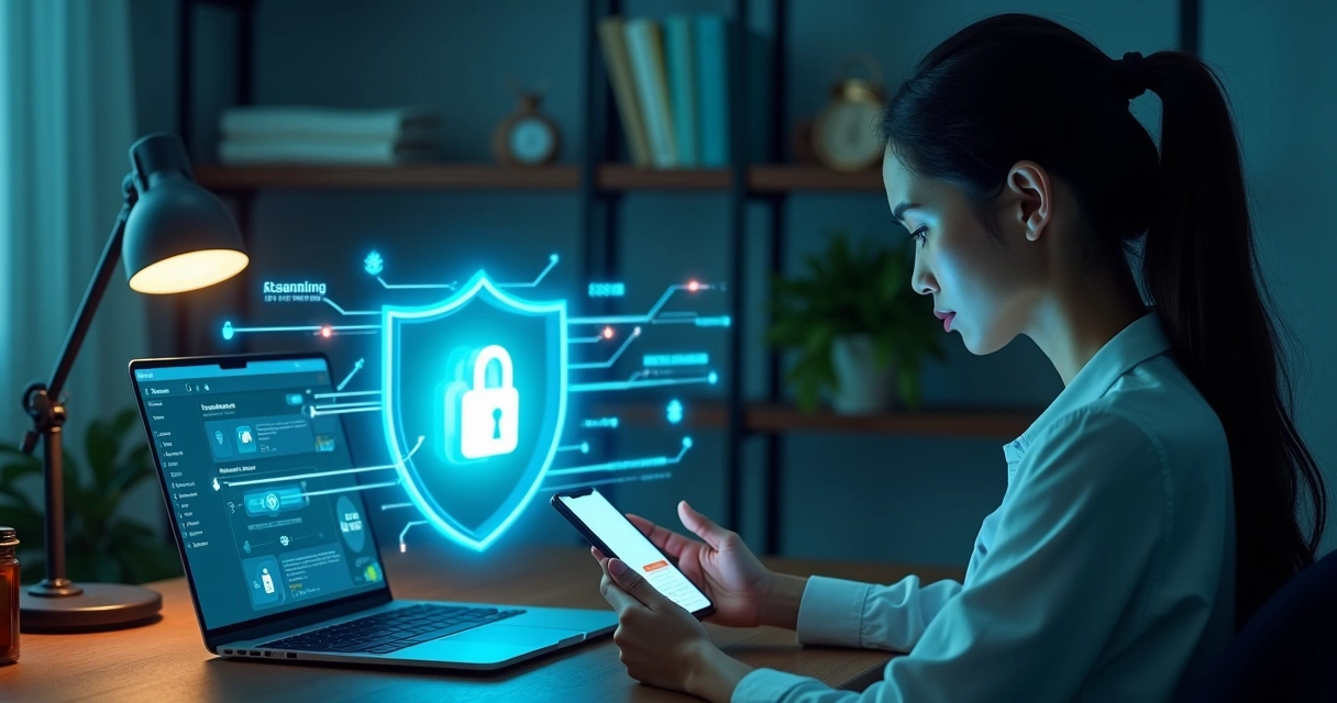 Profissional de bem-estar olhando preocupada para o celular enquanto uma plataforma segura protege seus dados na tela do notebook 