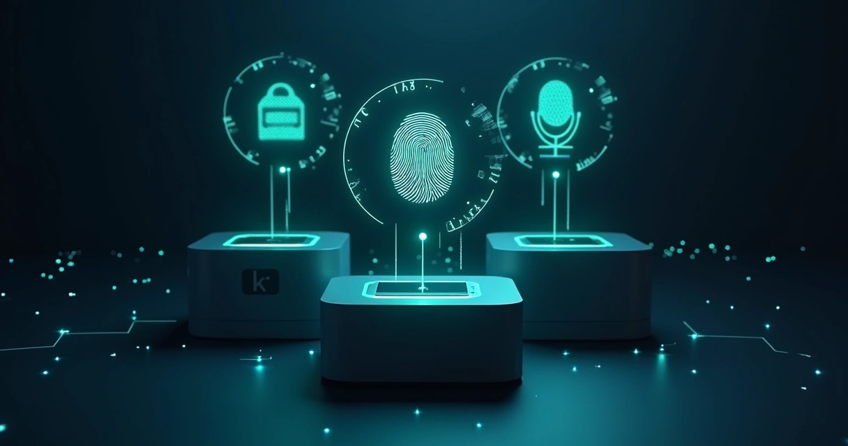 Sensor de digital, scanner facial e microfone de voz representados juntos em fundo tecnológico 