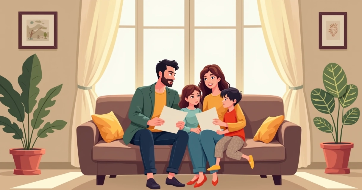 Casal planejando futuro com filhos na sala 