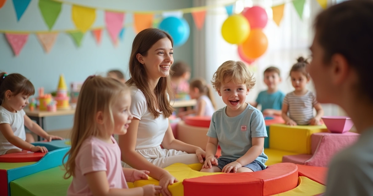 Adulto supervisionando crianças em brinquedão de festa infantil 
