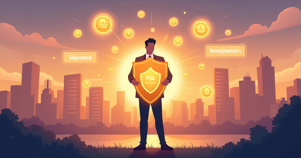 Ilustração de um investidor segurando um escudo, simbolizando a segurança do FGC em um cenário financeiro sereno.