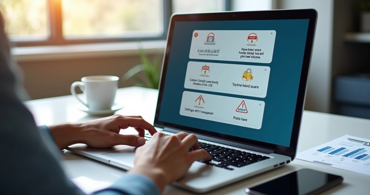 Pessoa usando notebook com tela mostrando alertas de segurança financeira online em ambiente moderno 