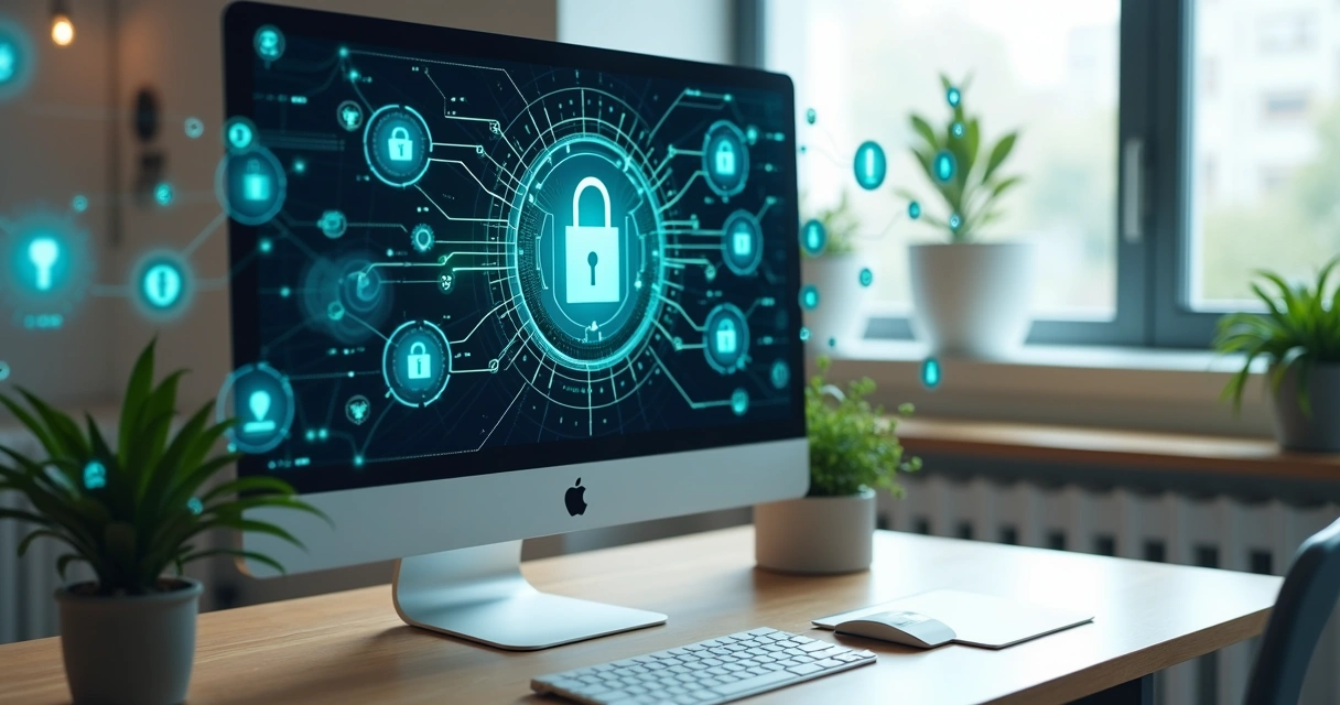 Computador exibindo interface do N8N com elementos de segurança e cadeado digital na tela 