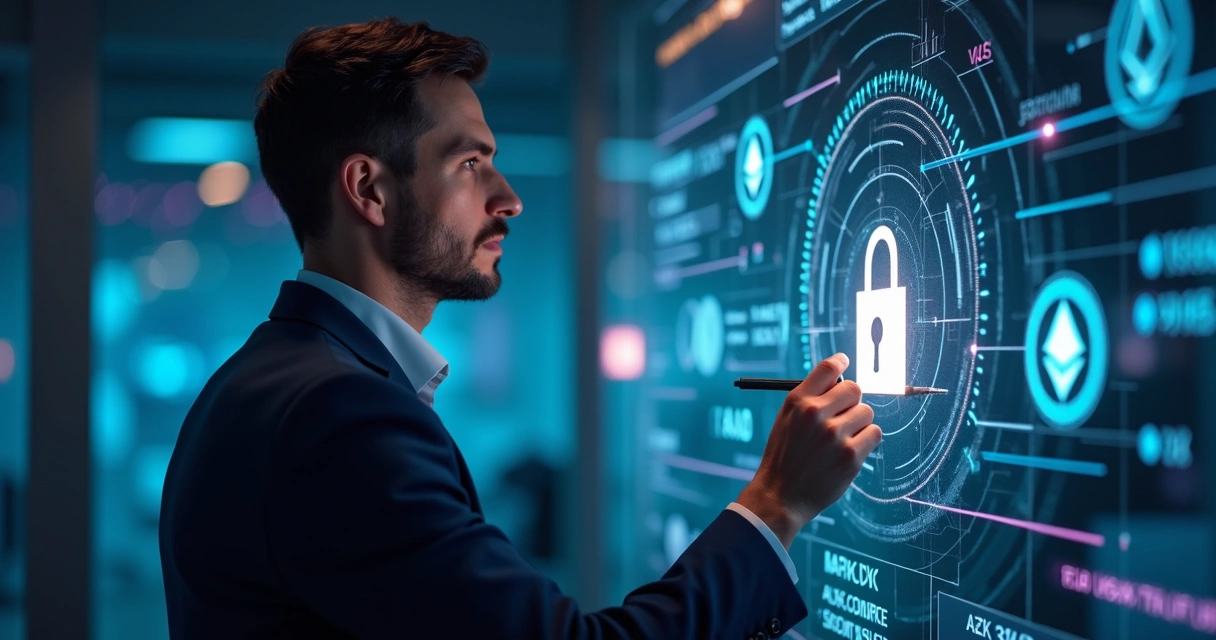 Profissional analisando segurança digital com ícones de criptomoedas e cadeado digital 