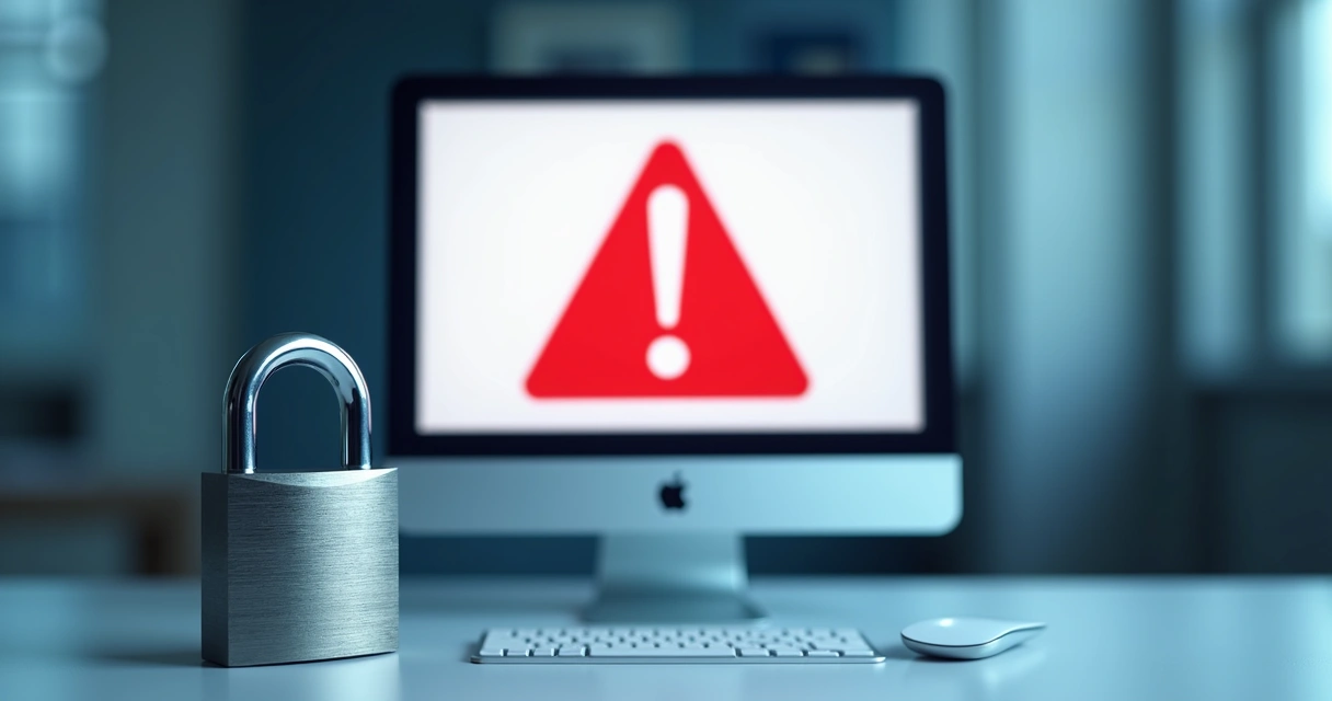 Tela de computador com alerta de fraude digital e cadeado ao lado 