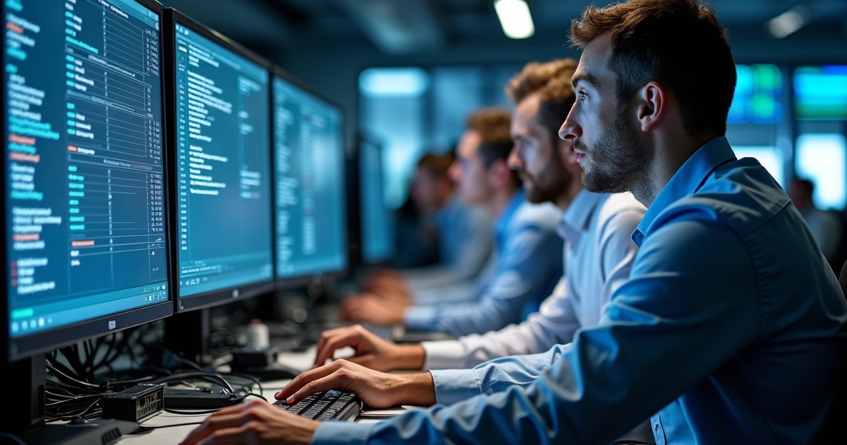 Equipe de TI trabalhando em firewall corporativo na empresa 