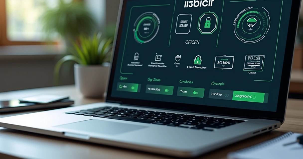 Painel de controle digital mostrando certificações de segurança em gateway de pagamentos 