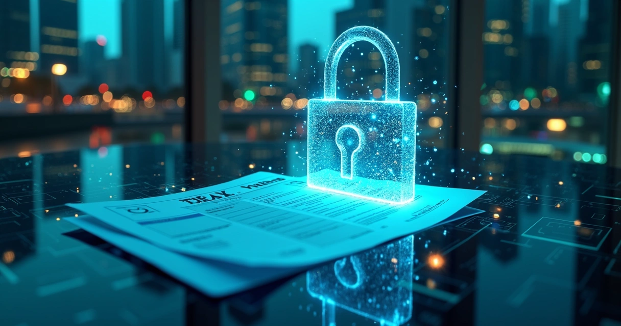 Painel digital evidenciando segurança e governança de dados fiscais. 