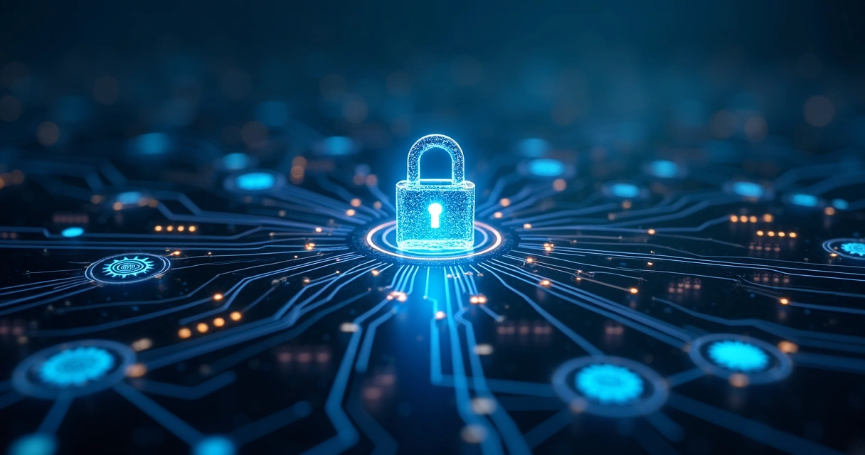 Representação digital de cadeado e sistemas conectados demonstrando segurança de dados de IA 