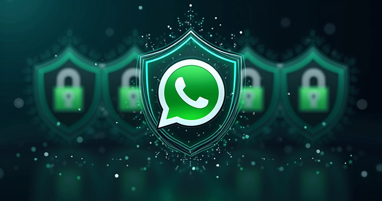 Ícones de segurança protegendo grupos de WhatsApp em fundo escuro 