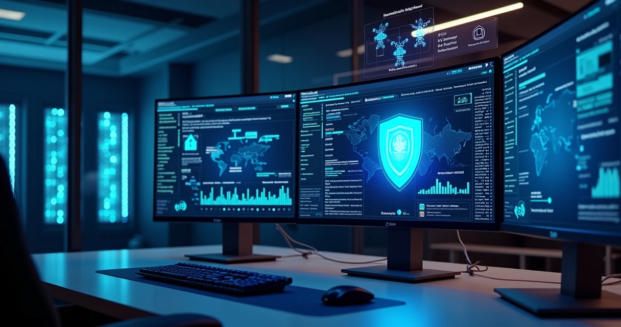 Painel de segurança cibernética monitorando proteção contra ransomware em ambiente corporativo 