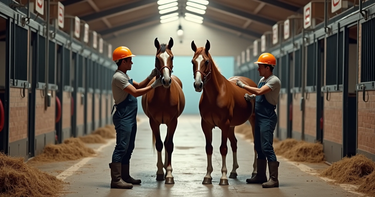 Trabalhadores cuidando de cavalos em um haras com uso de equipamentos de segurança, ambiente organizado com baias e áreas de passeio bem cuidadas 
