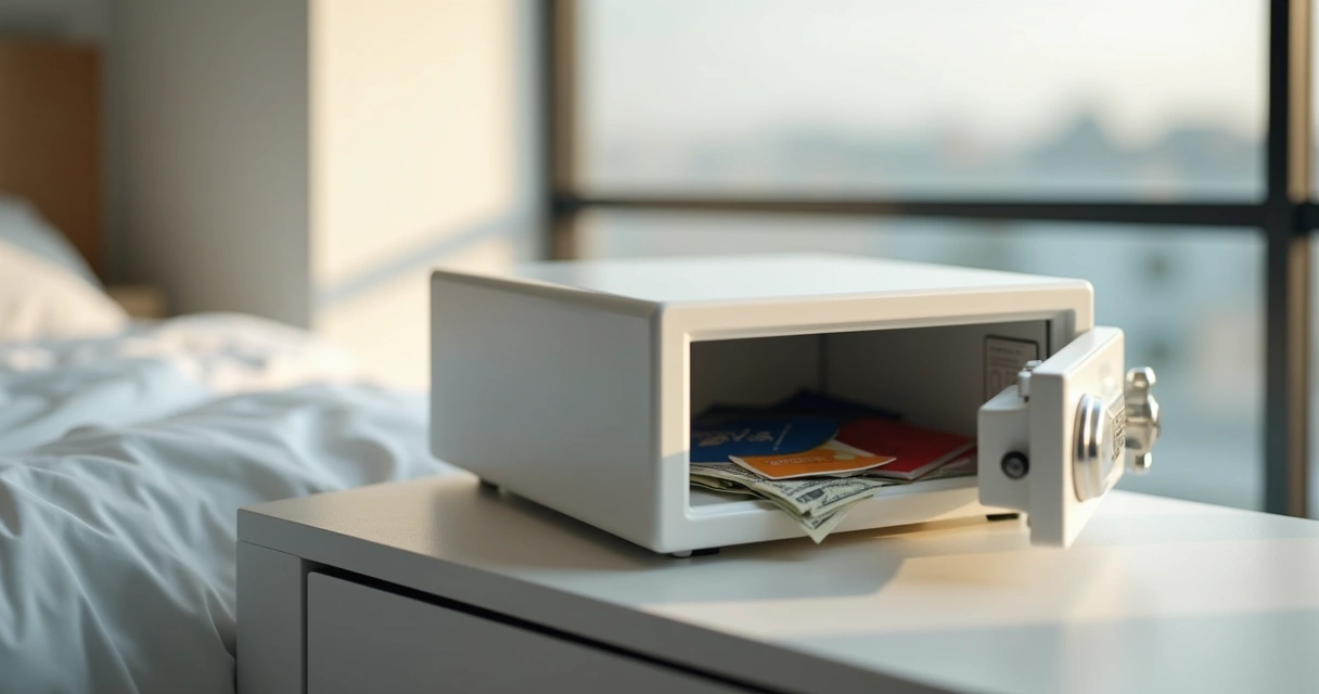 Cofre pequeno com documentos e dinheiro ao lado de uma cama simples