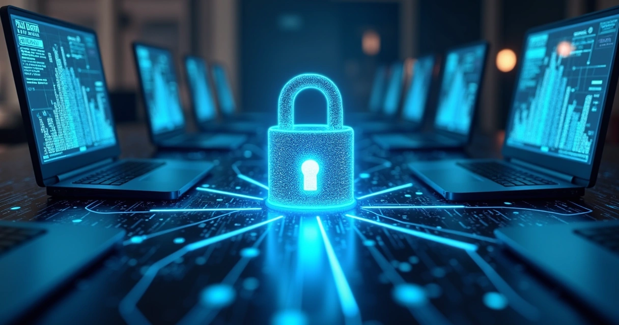 Rede de computadores conectados com cadeado digital no centro 