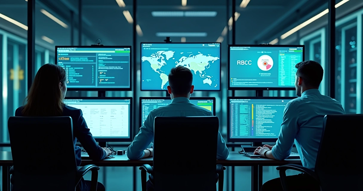 Equipe de TI monitorando acesso seguro em um sistema de IA 