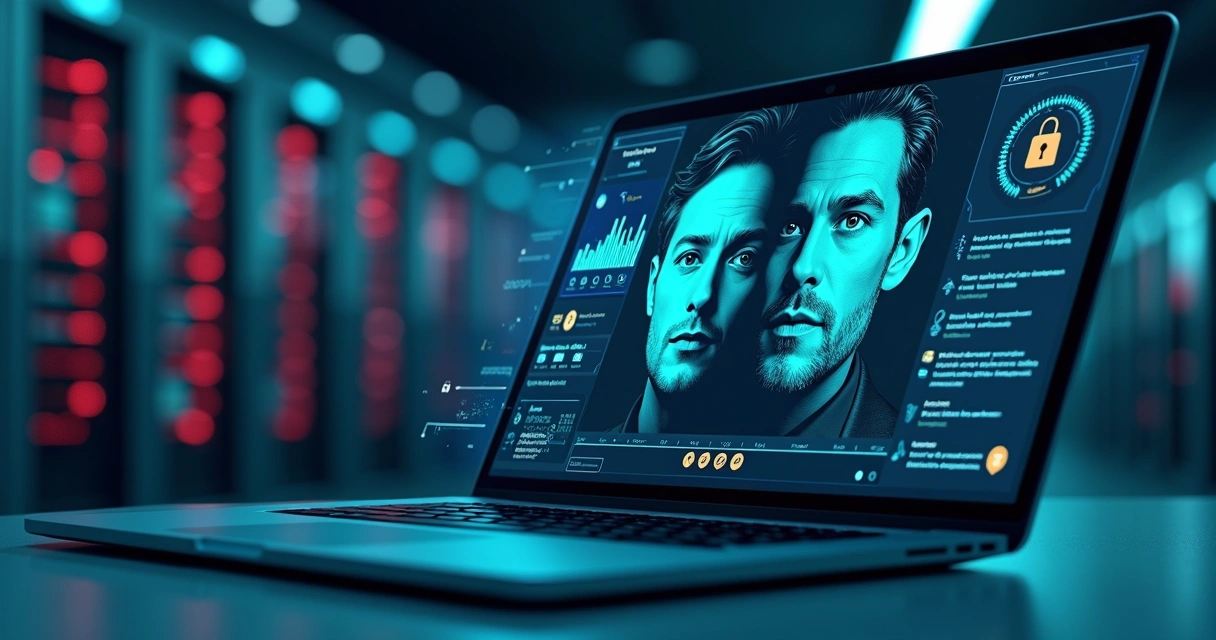 Ilustração de segurança digital com deepfake em tela e cadeado protegendo dados 