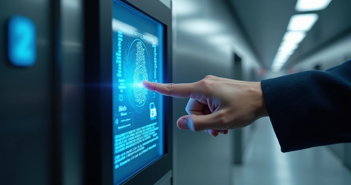 Sensor biométrico digital em close, com mão próxima para autenticação. 