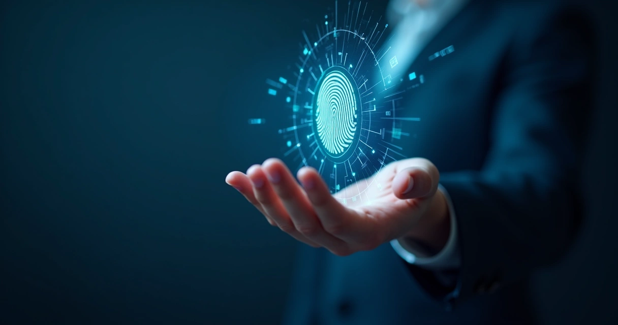 Mão sobre ícone digital de identificação biométrica