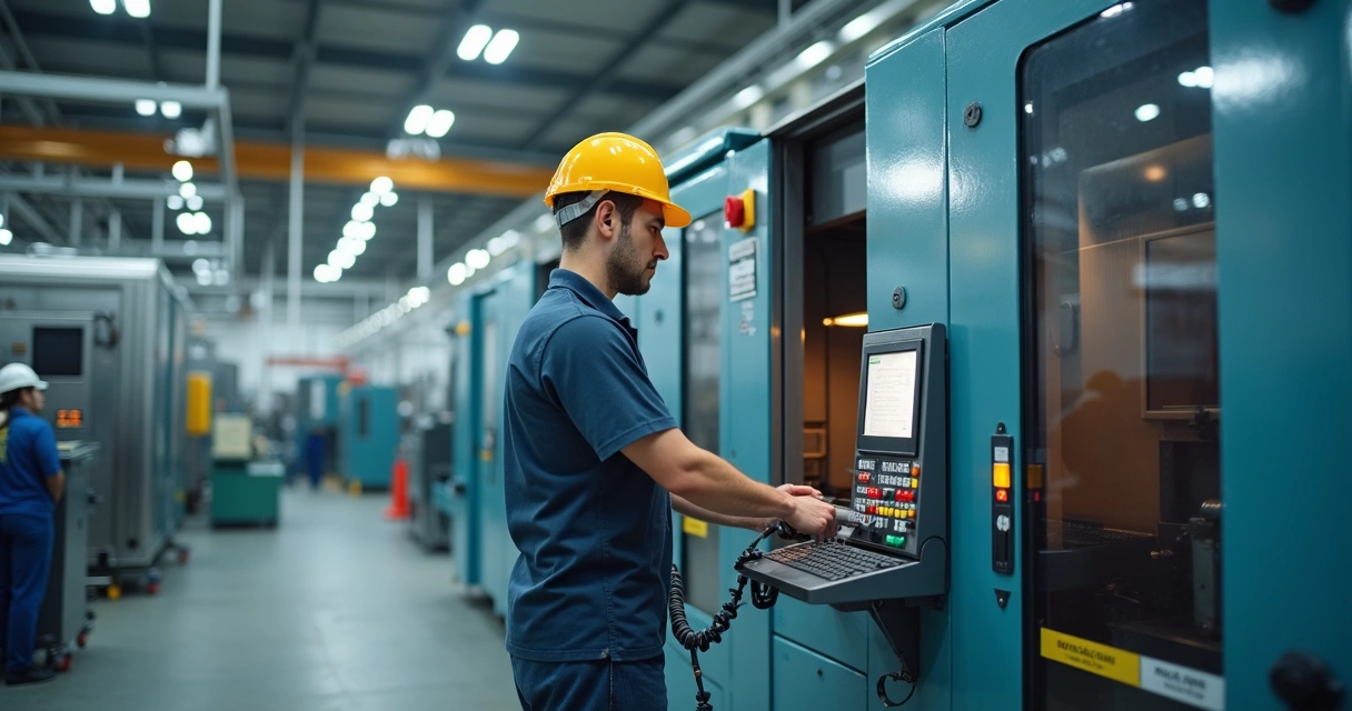 Funcionário de fábrica operando máquina com dispositivos de segurança visíveis e sinalização clara 
