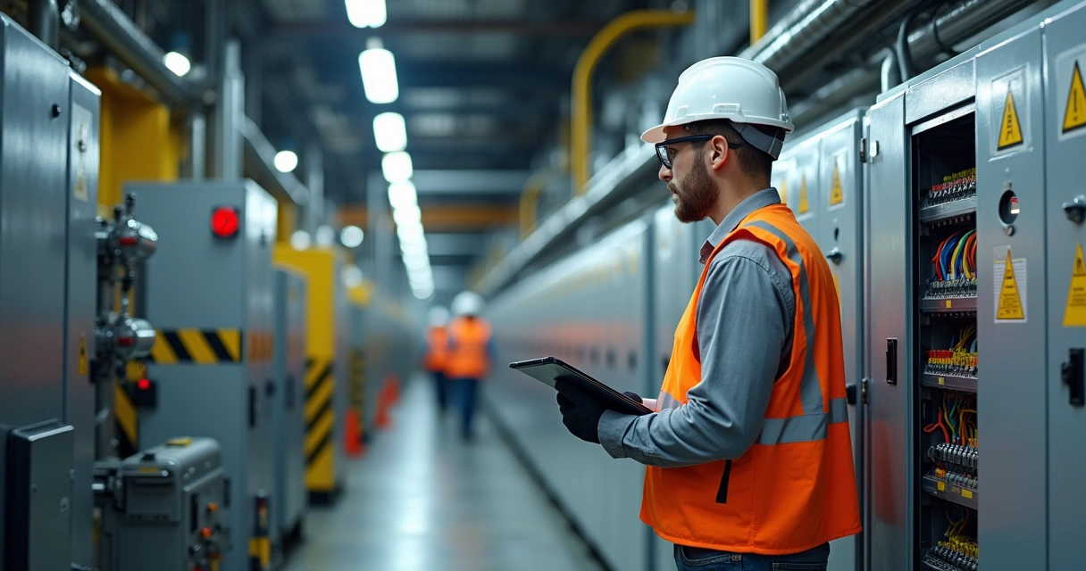 Técnico de segurança avaliando painel elétrico e máquina industrial em fábrica 