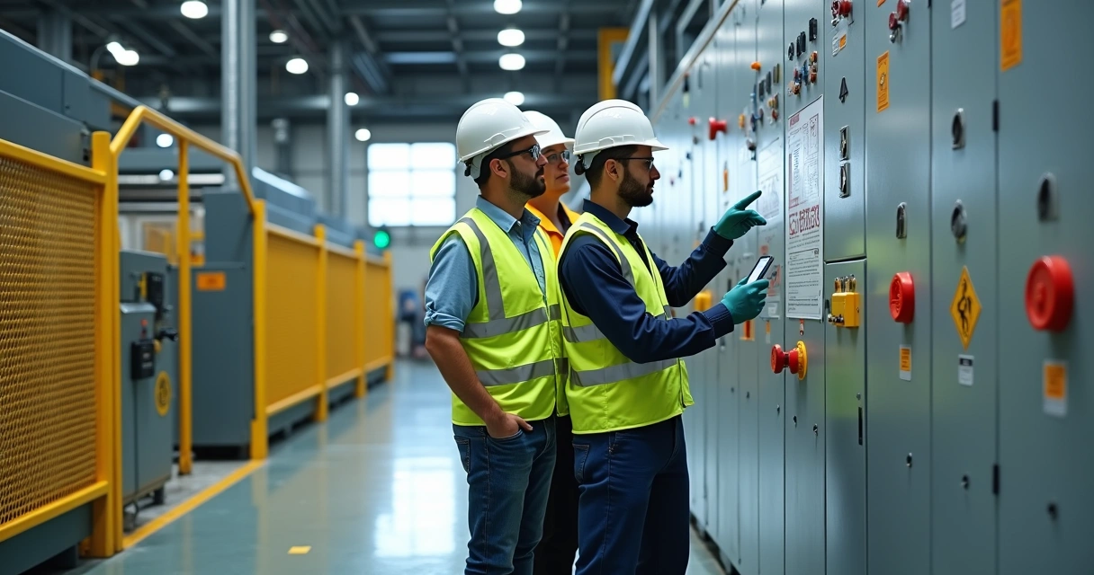 Equipe técnica analisando painel elétrico industrial com sinalização de segurança 