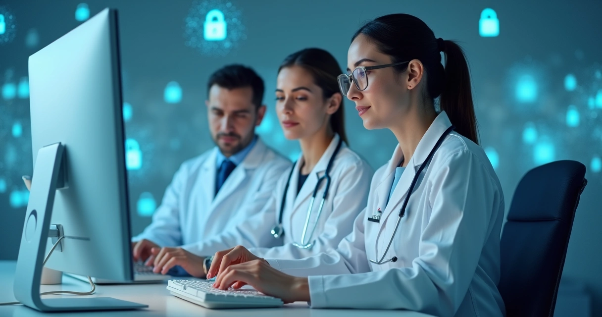 Equipe de clínica odontológica analisando computador em ambiente seguro