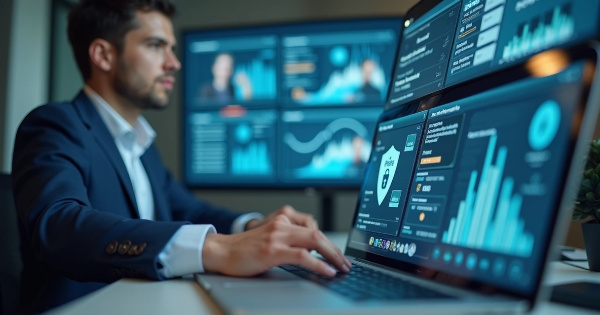 Síndico revisando dados em sistema digital do condomínio 