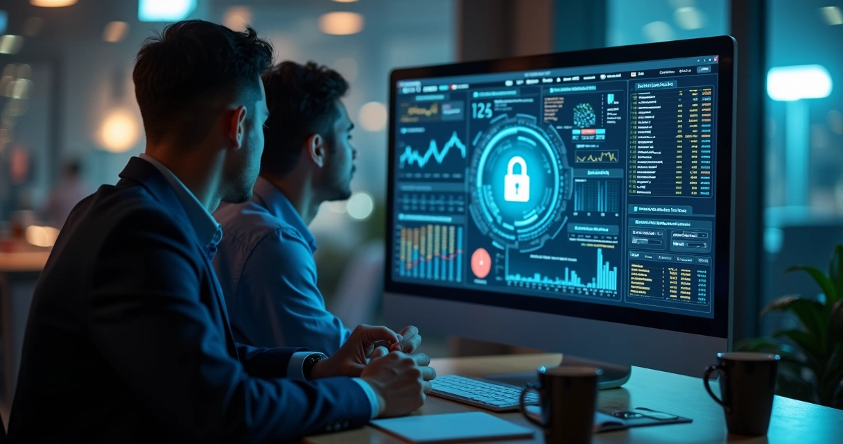 Arquivo digital protegido e profissionais revisando dados em tela de computador 