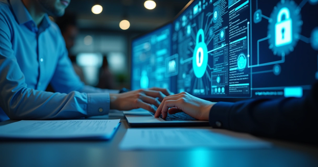 Profissionais de TI fortalecendo segurança digital em escritório de contabilidade 