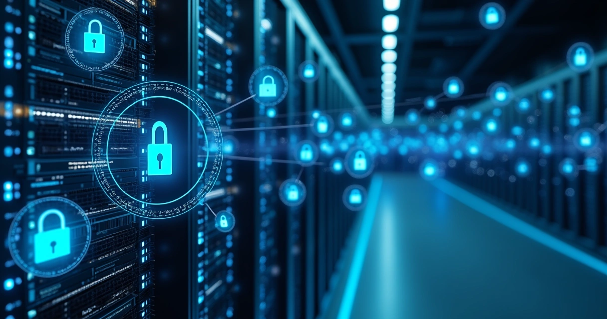 Servidor digital protegido com cadeados e ícones de criptografia fiscal