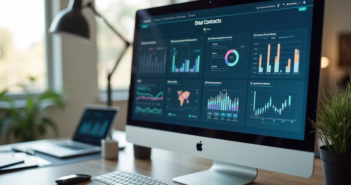 Tela de computador mostrando análise de risco em contratos digitais 