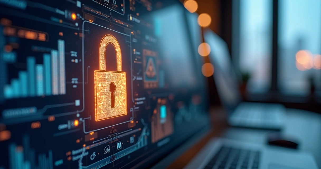 Tela de computador com cadeado digital e gráficos de propriedade intelectual 