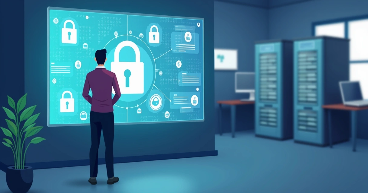 Profissional de TI configurando segurança em sistema de dados 