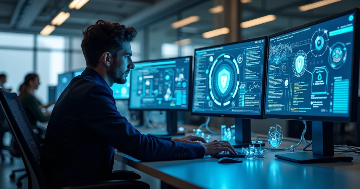 Profissional analisando códigos de segurança em múltiplas telas de computador em escritório moderno 
