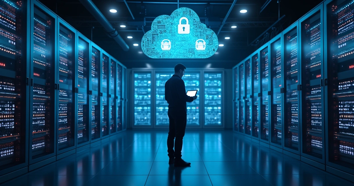 Sala de servidores com proteção digital e computação em nuvem 